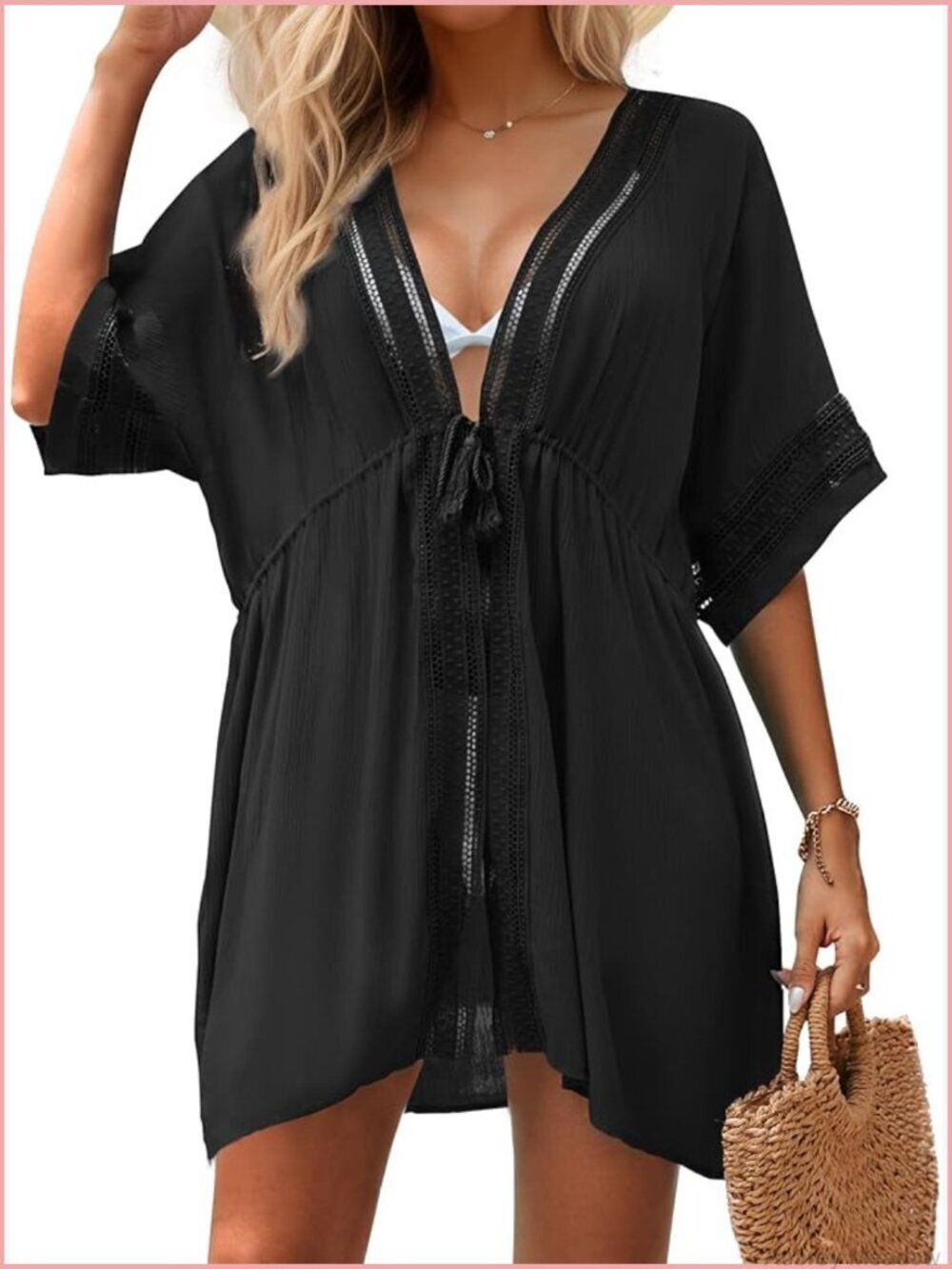 3/4 Bell Sleeve Boho Hollow Out Cardigan Coverup for Swimwear